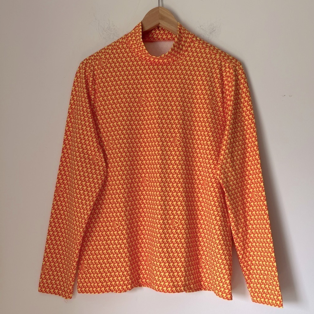 Louis Castel Vibrant Orange Patterned Logo Mock Neck Long Sleeve Golfing Top